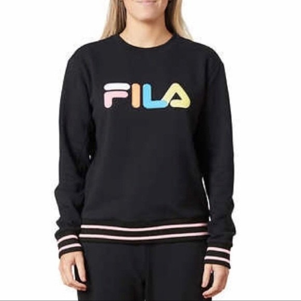 Fila Womens L Sweatshirt Black Multi Color Embroidered Logo Striped Trim